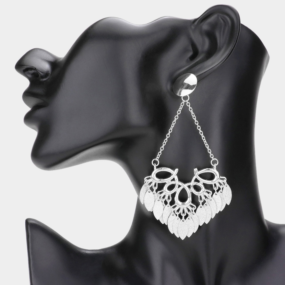 Silver Dangle Chandelier Drop Earrings 3.75" Tassel Abstract Metal Womens